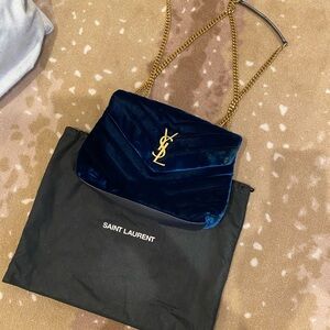 Saint Laurent Blue Quilted Velvet & Calfskin Leather